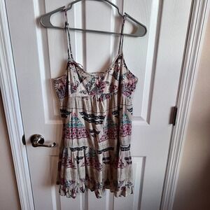 American Eagle Outfitters Boho Paisley Mini Dress Lace Up Back Cream Pink Small